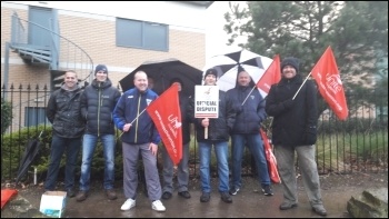 Fujitsu picket line in Warrington, photo Hugh Caffrey