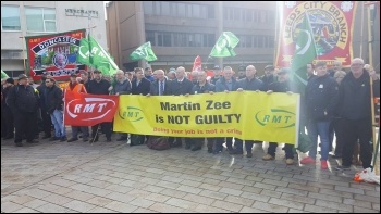 RMT protest in support of Martin Zee outside court photo RMT RMT protest in support of Martin Zee outside court photo RMT