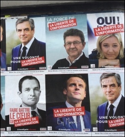 Rising left-winger Jean-Luc Melenchon (top centre), a wall in Paris, photo Judy Beishon 