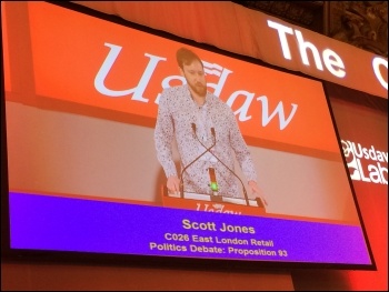 Scott Jones speaking at Usdaw conference, May 2017, photo by Isai
