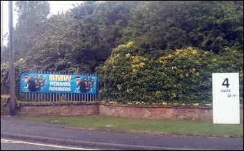 Banner at Mini plant, Swindon, 16.5.17, photo by Matt Carey