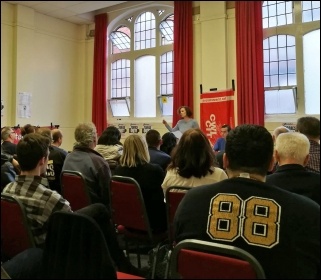 Socialist Party deputy general secretary Hannah Sell addressing a meeting in Coventry on the general election, 10.5.17, photo by Coventry Socialist Party