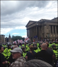 The tiny EDL demonstration surrounded by a protective ring of police, 3.6.17, photo by Liverpool Socialist Party The tiny EDL demonstration surrounded by a protective ring of police, 3.6.17, photo by Liverpool Socialist Party