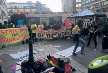Migrant cleaners - like these strikers at LSE - have won a series of struggles on pay in recent years, photo Paula Mitchell