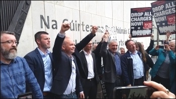 Court victory - Jobstown trial, defendants & supporters, with Paul Murphy 3rd from left, photo SP Ireland