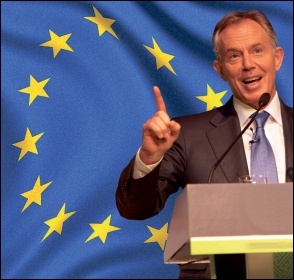The Blairites back the EU and the Single Market to protect big business, not migrants - Tony Blair photo World Travel and Tourism Council/CC; EU flag photo Yanni Koutsomitis/CC; composite James Ivens