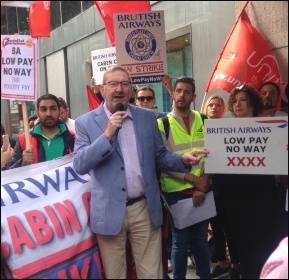 Len McCluskey addressing strikers outide the CAA, 3.8.17, photo by Sarah Wrack