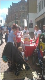 Derby Socialist Party campaign stall in support of Derby Women's Centre 12 August 2017 photo Derby SP, photo Derby SP