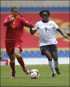 Chelsea's Eni Aluko (right) in action for England before racism and bullying allegations against coach Mark Sampson, photo James Boyes/CC