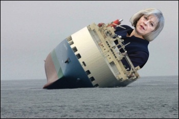 Theresa May's Tories are holed below the waterline - let's scupper them, photo by FCO/CC (Theresa May), public domain (ship), James Ivens (composite)