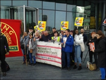 National Shop Stewards Network (NSSN) banner on the RMT cleaners protest 12 October 2017, photo Pete Mason