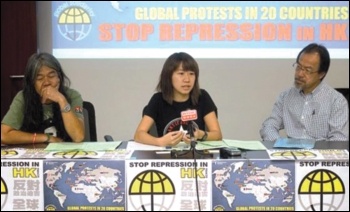 Hong Kong press conference, 13.10.17 - from left 'Long Hair' Leung Kwok-hung, Socialist Action's Sally Tang Mei-ching, Dr Fernando Cheung, photo by Socialist Action (CWI Hong Kong)