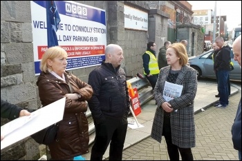 Ruth Coppiner, Solidarity TD (MP) and Socialist Party member, on the Connolly Station picket line, 7.11.17, photo by Socialist Party (CWI Ireland)