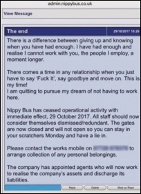 The message redundant workers received from Nippybus, 29.10.17