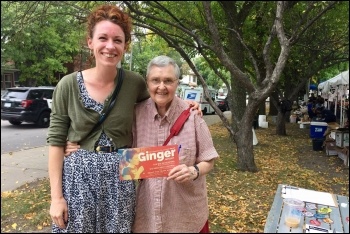 Ginger Jentzen with a supporter in Minneapolis, photo by Vote Ginger Jentzen