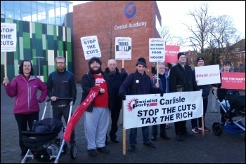 Carlisle Socialist Party and Labour Party members ready to greet George Osborne, 24.11.17, photo by Carlisle Socialist Party