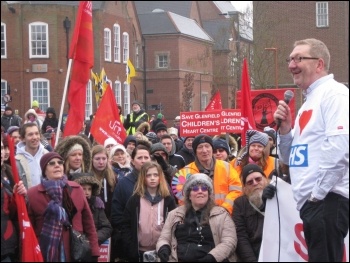 Len McCluskey at a demo to save Glenfield heart unit in Leicester