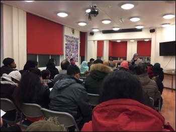 Packed meeting opposing attempts to turn Shaftesbury School, Forest Gate, Newham into an academy 9 January 2018, photo Niall Mulholland