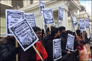 Protesting outside the Sri Lankan high commission, 4.2.18, photo by Isai Priya