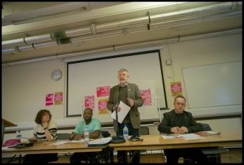 Speakers in the election session from l-r Hannah Sell (Socialist Party), Roger Charles (TUSC independent member), Dave Nellist (TUSC chair) and Sean Hoyle (RMT president)