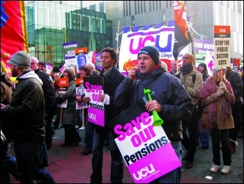 Strikers include lecturers in UCU fighting pension cuts, photo Hugh Caffrey