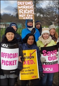UCU members striking against pension cuts, 27.2.18, photo Gary Freeman