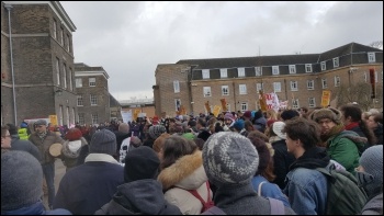 UCU members and students questioning the vice chancellor, Leicester uni, photo by Steve Score