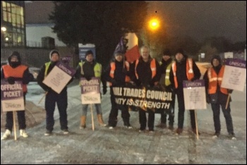 FCC recycling workers, pictured here on earlier strike, brought solidarity to the proesting college workers and students, photo Keith Gibson