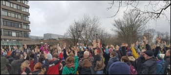 Leicester UCU members in Leicester voting to reject the deal. No votes to accept it at the mass meeting. 13.3.18, photo by Steve Score Leicester UCU members in Leicester voting to reject the deal. No votes to accept it at the mass meeting. 13.3.18, photo by Steve Score