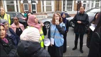 Louise Cuffaro addressing pickets, 24.4.18, photo by James Ivens