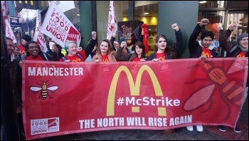 Manchester Oxford St McDonald's workers on strike, 1.5.18, photo Becci Heagney