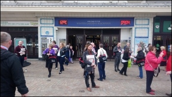 Socialist Party members selling the Socialist paper outside Usdaw conference 2018, photo Becci Heagney, photo Becci Heagney