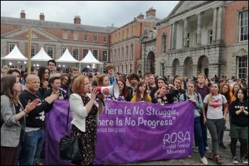 Ruth Coppinger TD addressing a crowd of abortion rights campaigners, photo by Rosa