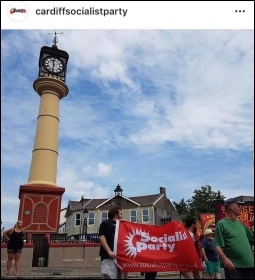 Socialist Party banner at 70th anniversary of the NHS rally and march in Tredegar, south Wales 1 July 2018, photo Dave Reid