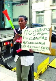 Ministry for Justice striking cleaner August 2018, photo London Socialist Party