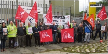 Liebherr crane factory workers on strike, photo by Elaine Brunskill