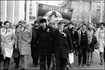 Some of Liverpool's Militant-led socialist Labour councillors, including Tony Mulheran (second from left in flat cap), photo Militant