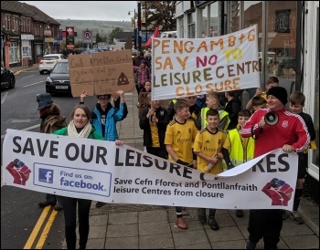 Hundreds march through Blackwood High Street against the closure of local leisure centres, photo Dave Reid