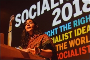 Seattle 'Socialist Alternative' councillor Kshama Sawant speaking in London at Socialism 2018 on 10.11.18, photo Mary Finch