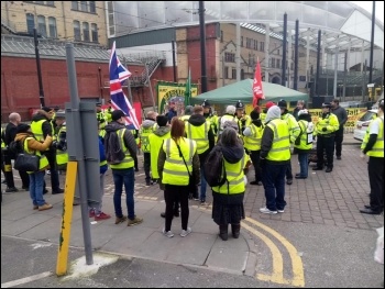 Far-right activists in yellow vests try to intimidate an RMT picket line in Manchester, 5.1.19