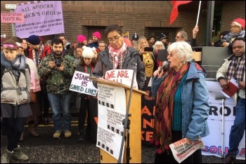 Linda Taaffe addressing the protest outside the court, 6.2.19, photo by Paula Mitchell