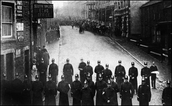 Police blocking a street during the Tonypandy miners' strike of 1910-1911