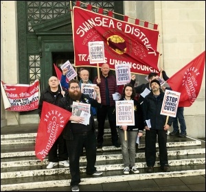 Trade union and Socialist Party members protesting for a no-cuts budget in Swansea, 28.2.19, photo by Socialist Party Wales