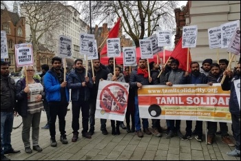 Tamil Solidarity and Socialist Party members call for action against death-threat brigadier Priyanka Fernando, 1.3.19, photo by London Socialist Party