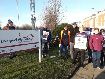 Liverpool Women's Hospital, strike by OCS workers, 25.2.19, photo by Hugh Caffrey Liverpool Women's Hospital, strike by OCS workers, 25.2.19, photo by Hugh Caffrey