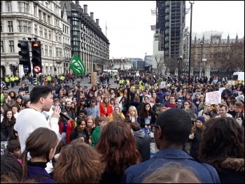 Theo Sharieff, organiser of Socialist Students, addressing hundreds of climate change protesters, 15 March, photo Scott Jones