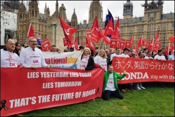 Honda Swindon workers, Belgian supply line workers, and Unite union executive members protesting outside parliament, 6.3.19, photo by London Socialist Party