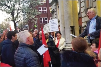 Unite Greenwich branch secretary and Socialist Party member Danny Hoggan addresses the council lobby, 27.3.19, photo by Claire Laker-Mansfield