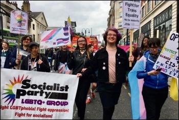 Leeds Socialist Party members on the city's second annual Trans Pride march, 31.3.19, photo Leeds Socialist Party