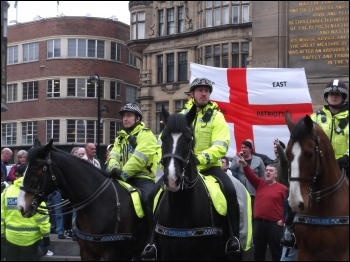 Police facilitated a motley bunch of fascists to voice their racist hate at the Monument in Newcastle, photo N Fray 